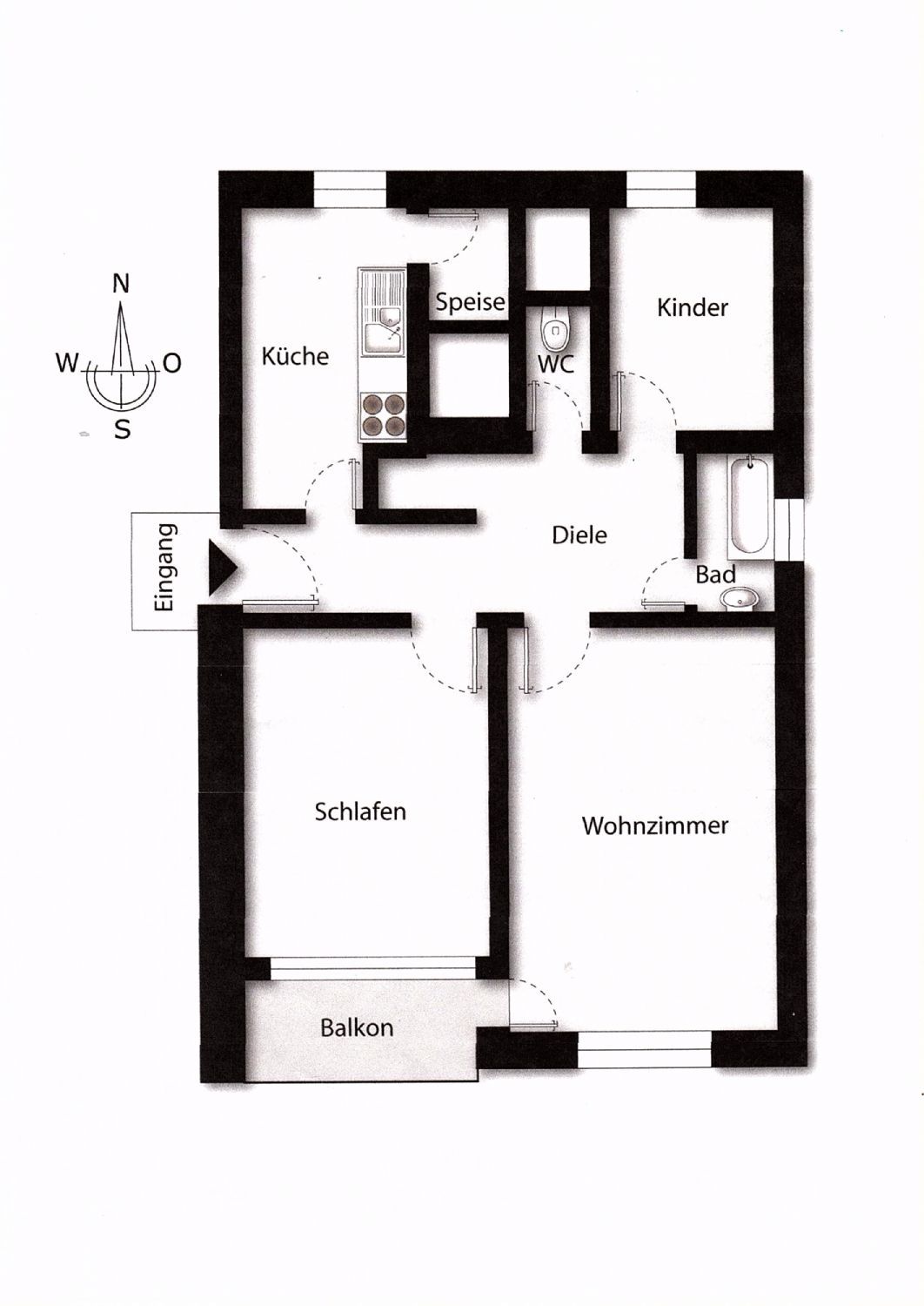 Grundriss:  3-Zimmer-Wohnung mit überdachtem Südwest Balkon